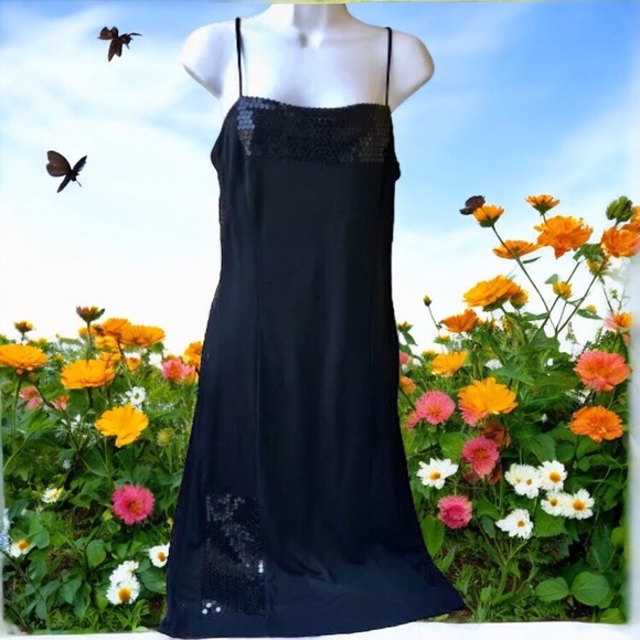 Future Ozbek Italy Black Dress Spaghetti Straps SEQUINS Below Knee - Picture 3 of 16
